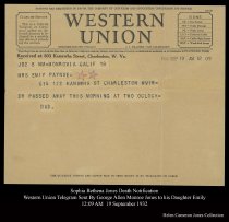 Telegram about the death of Sophia Bethena Jones